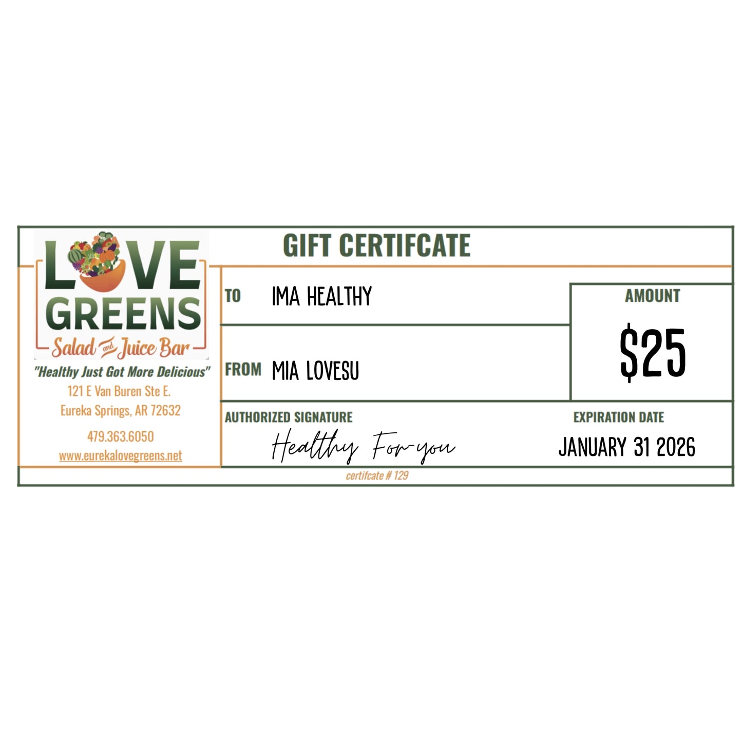 Love Greens Gift Certificates- In Store